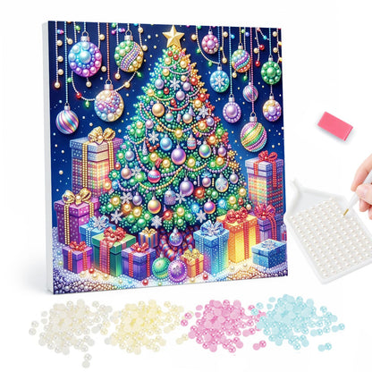 Rainbow Bauble Christmas Tree pearl painting – Christmas tree hung with rainbow and pastel baubles, piles of wrapped gifts and hanging ornaments