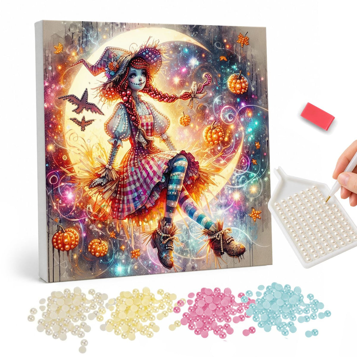 Red-Haired Witch in Starlight pearl painting – Red-haired witch in a plaid dress and striped stockings flying on a broom past a crescent moon in a sparkling sky