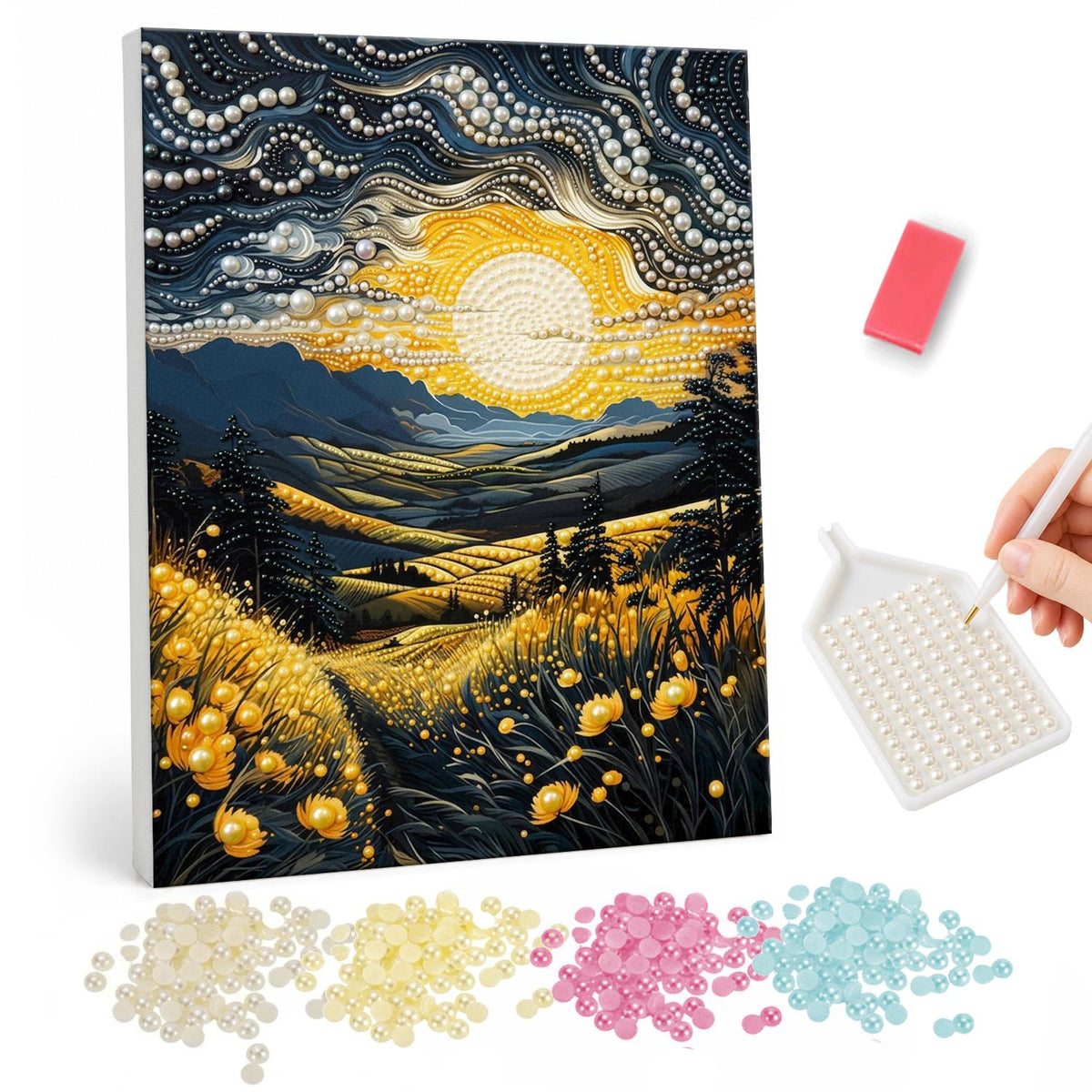 Swirling Sky Sunset Meadow pearl painting – Golden sun setting over rolling mountain hills and yellow flowers under a swirling patterned sky
