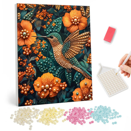 Pearl Painting Hummingbird and Orange Flowers pearl painting – image 1