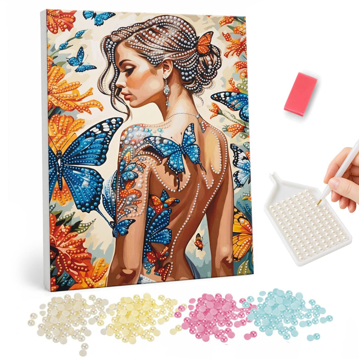Over-the-Shoulder Butterfly Muse pearl painting – Woman with an updo seen from behind, blue and orange butterflies across her back and among orange flowers