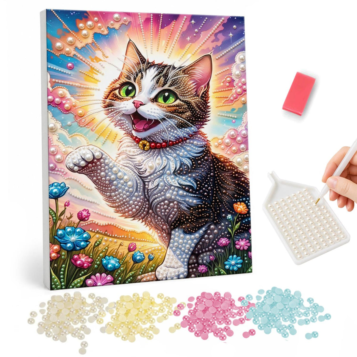 Waving Tabby in Sunshine pearl painting – Happy tabby kitten with a red collar raising a paw against a bright sunburst over flowers