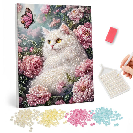 White Cat and Pink Roses pearl painting – image 1