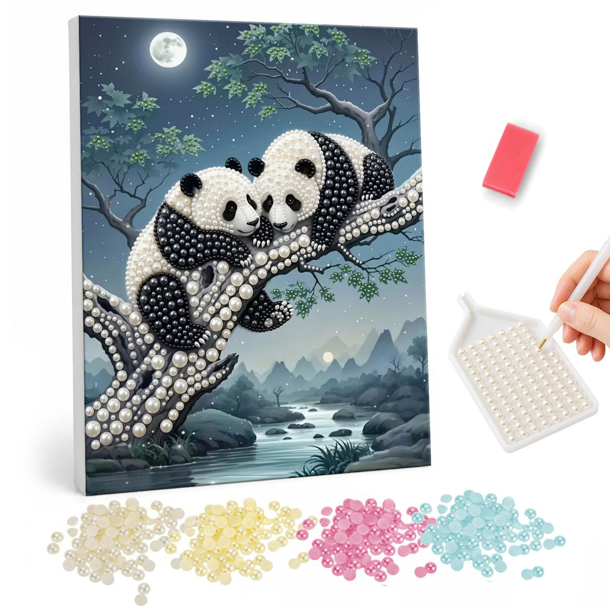 Cuddling Pandas by the River pearl painting – Two pandas cuddling on a tree branch above a mountain river under a full moon