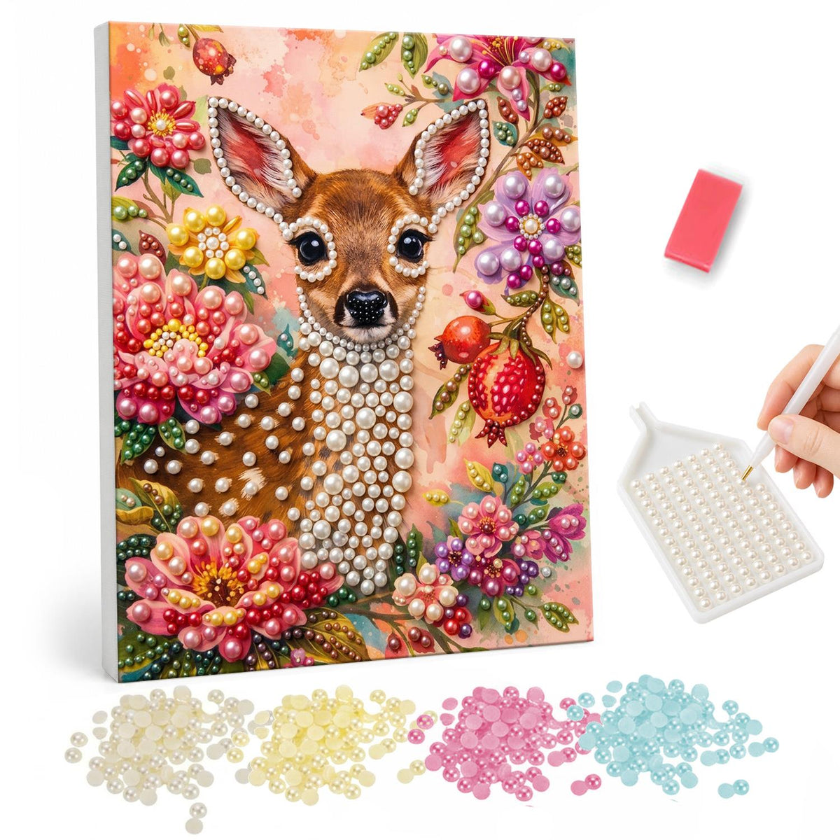 Fawn in a Pomegranate Garden pearl painting – Spotted fawn surrounded by pink and red flowers and pomegranates on a peach background