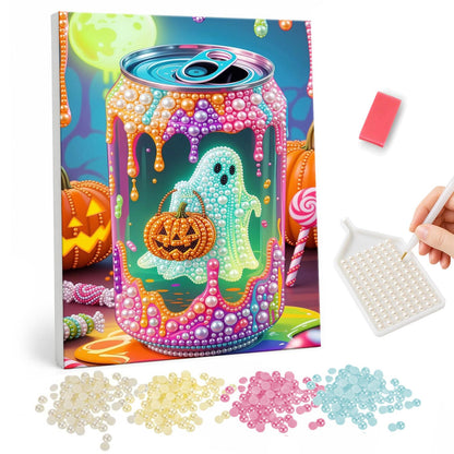 Spooky Candy Drip Can pearl painting – Soda can dripping with candy-colored goo, decorated with a ghost holding a jack-o'-lantern, pumpkins around