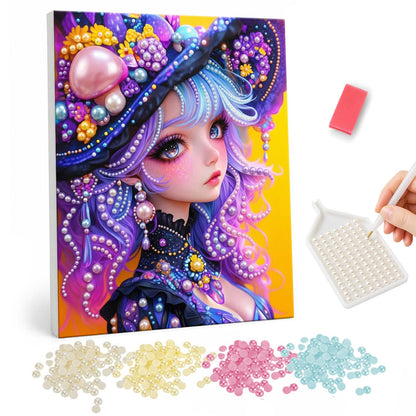 Lilac Girl in a Mushroom Hat pearl painting – Big-eyed girl with lavender hair in a wide hat covered with mushrooms and beads, on yellow and purple