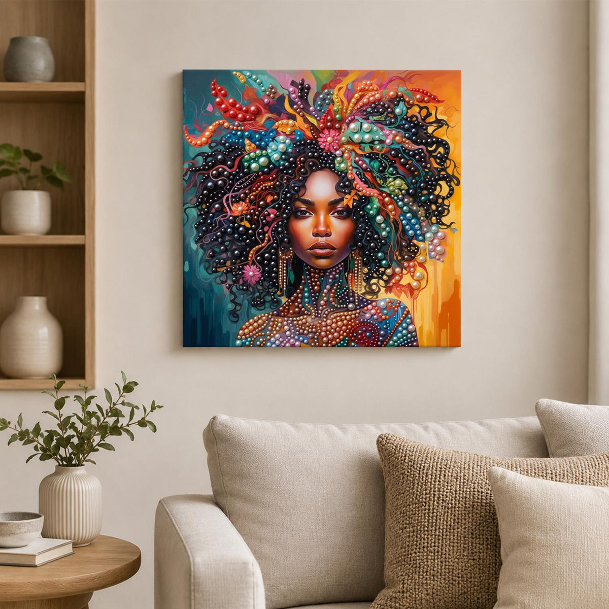 Curls Crowned in Coral Jewels pearl painting – image 2