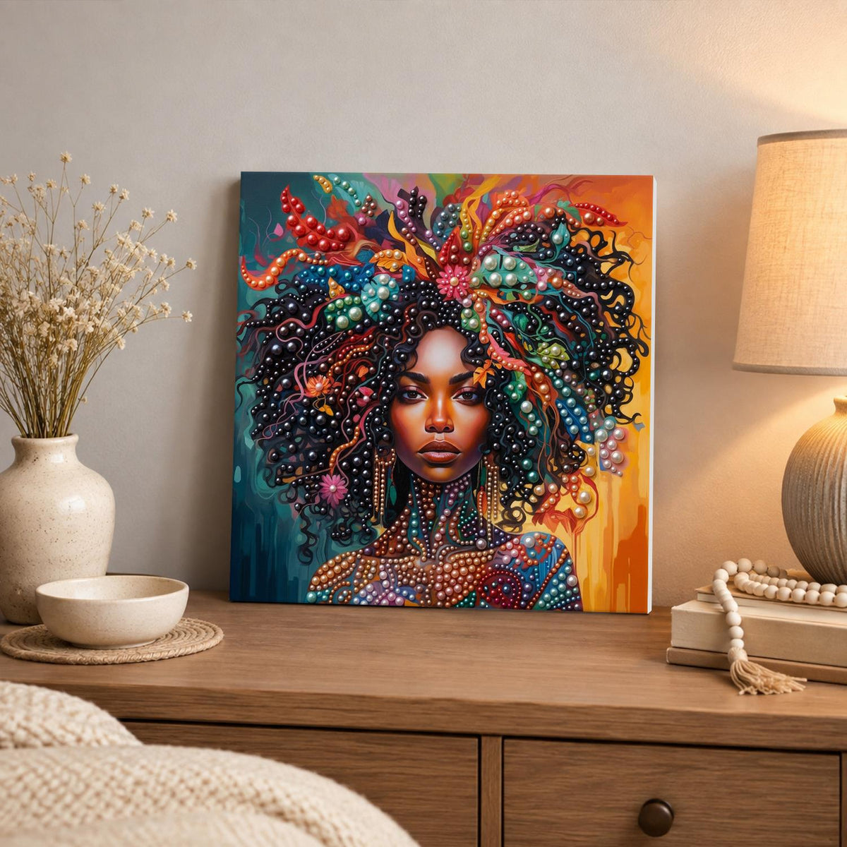 Curls Crowned in Coral Jewels pearl painting – image 3
