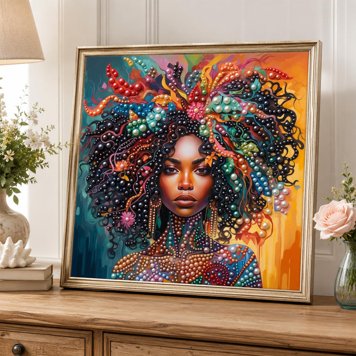 Curls Crowned in Coral Jewels pearl painting – image 5