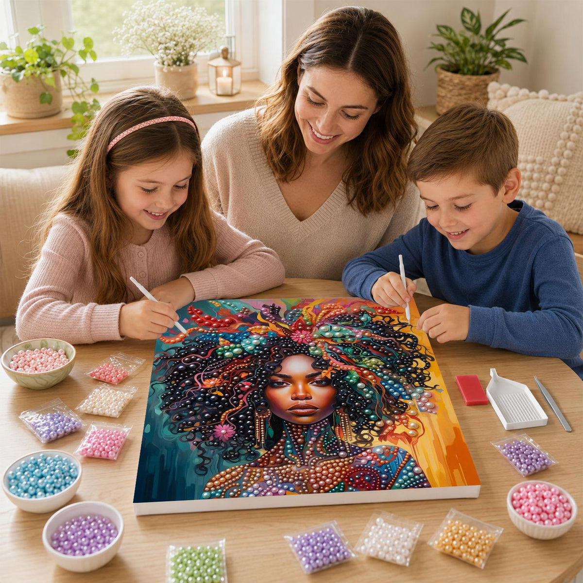 Curls Crowned in Coral Jewels pearl painting – image 15