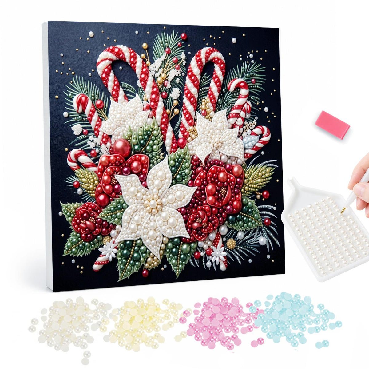 Candy Canes and White Poinsettias pearl painting – Bundle of candy canes with white and red poinsettias, berries and pine on a black background