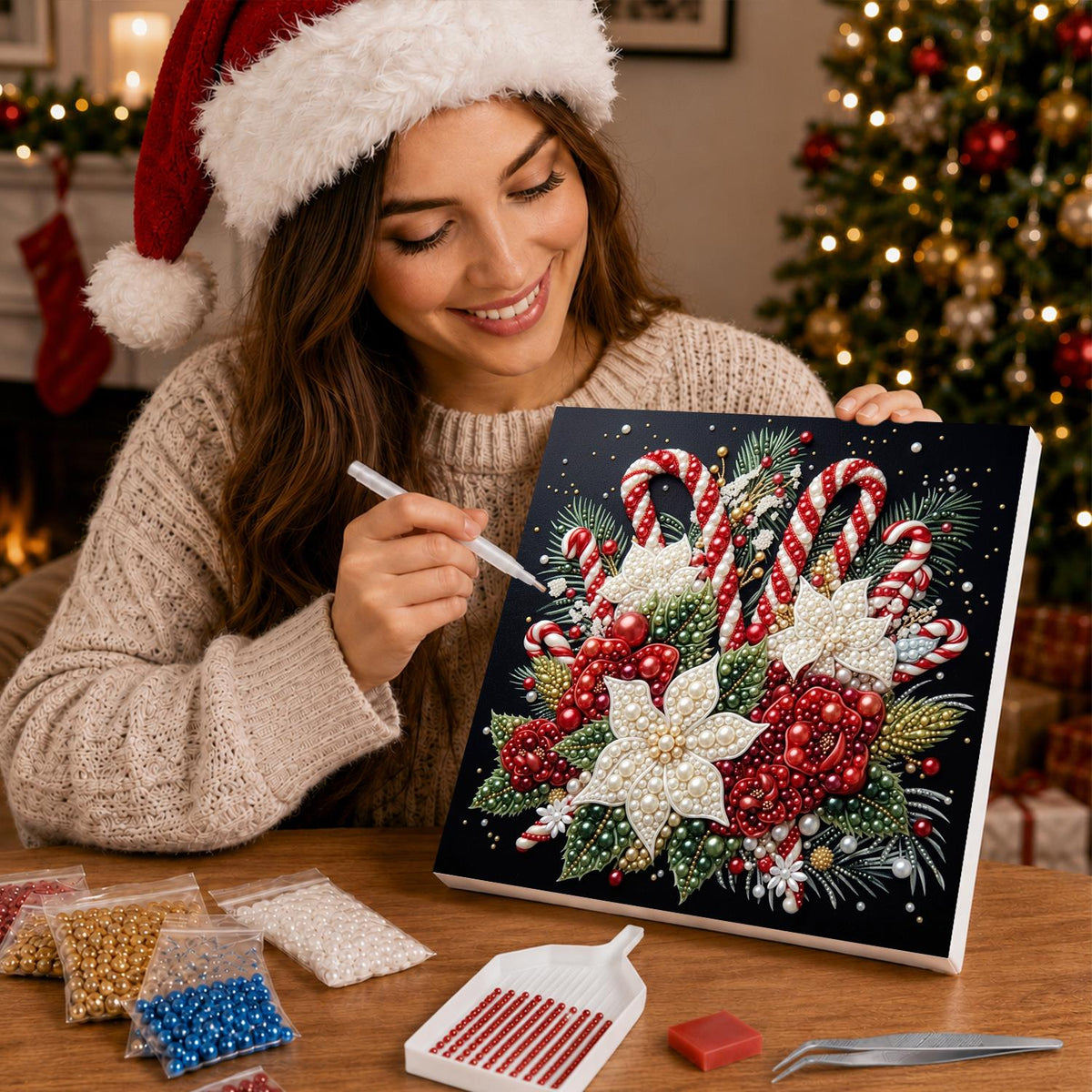 Candy Canes and White Poinsettias pearl painting – image 16