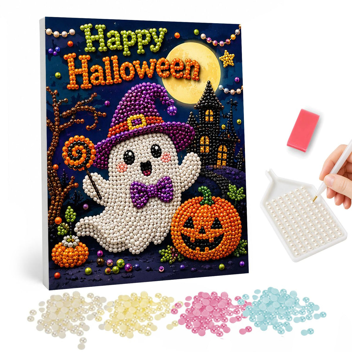 Bow-Tie Ghost in a Witch Hat pearl painting – Cute ghost in a purple witch hat and bow tie beside a jack-o'-lantern and haunted house under Happy Halloween text