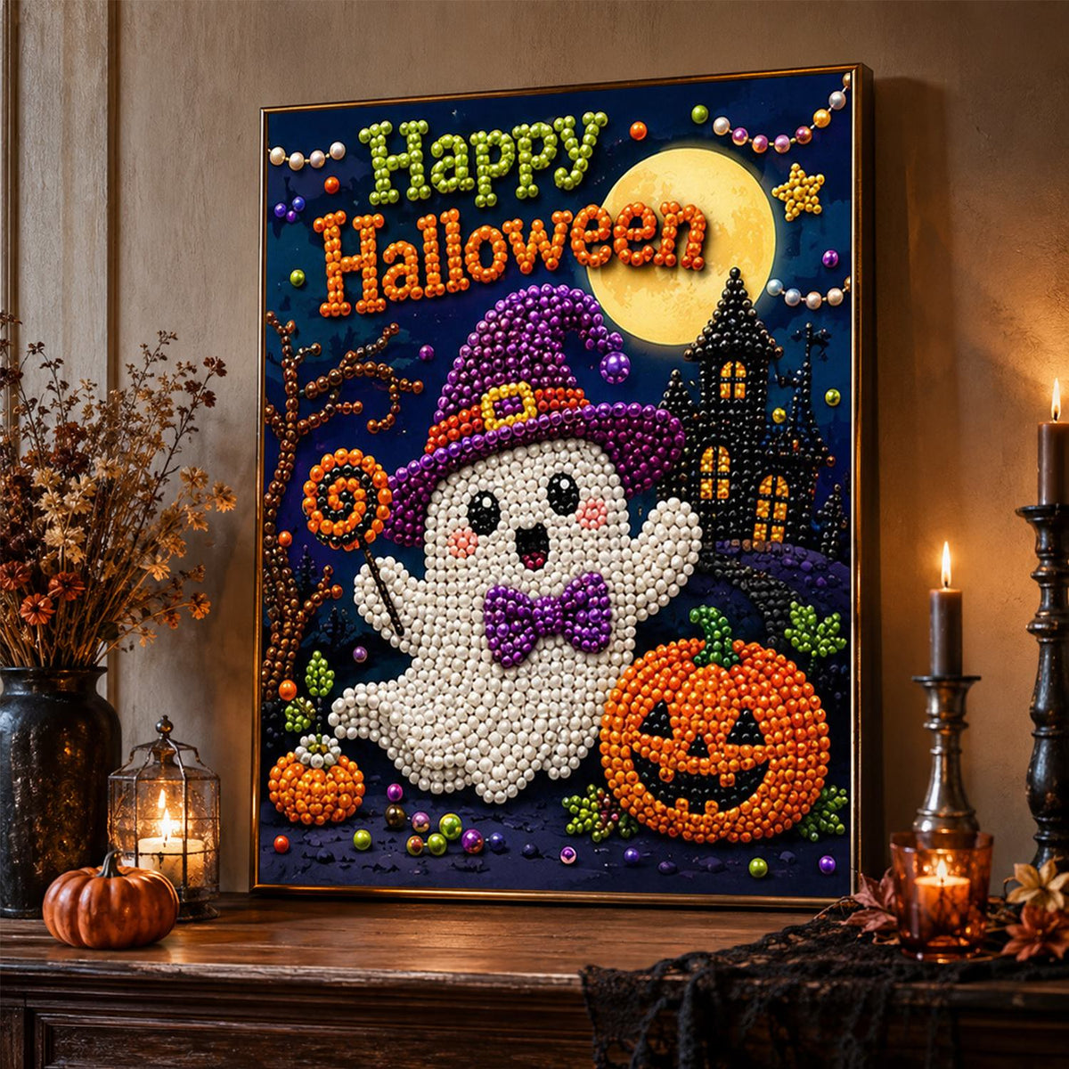 Bow-Tie Ghost in a Witch Hat pearl painting – image 2