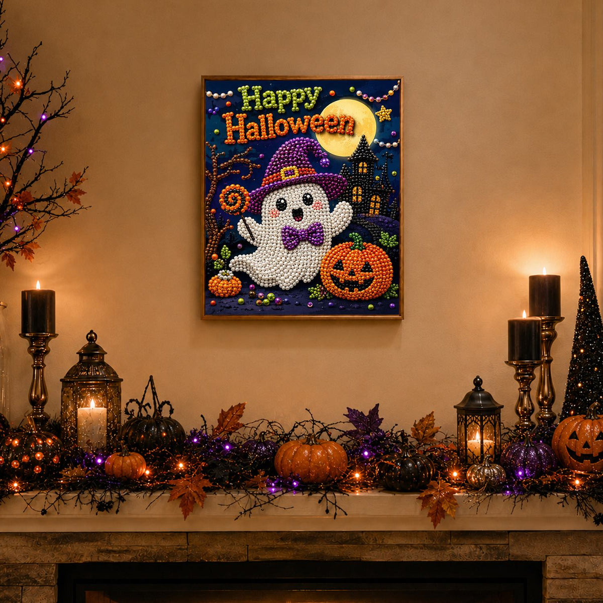 Bow-Tie Ghost in a Witch Hat pearl painting – image 3