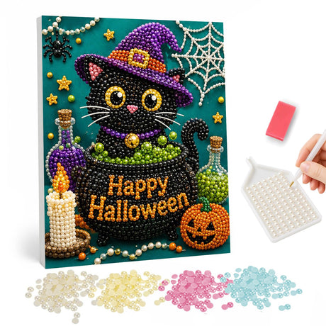 Halloween Witch Cat pearl painting – image 1