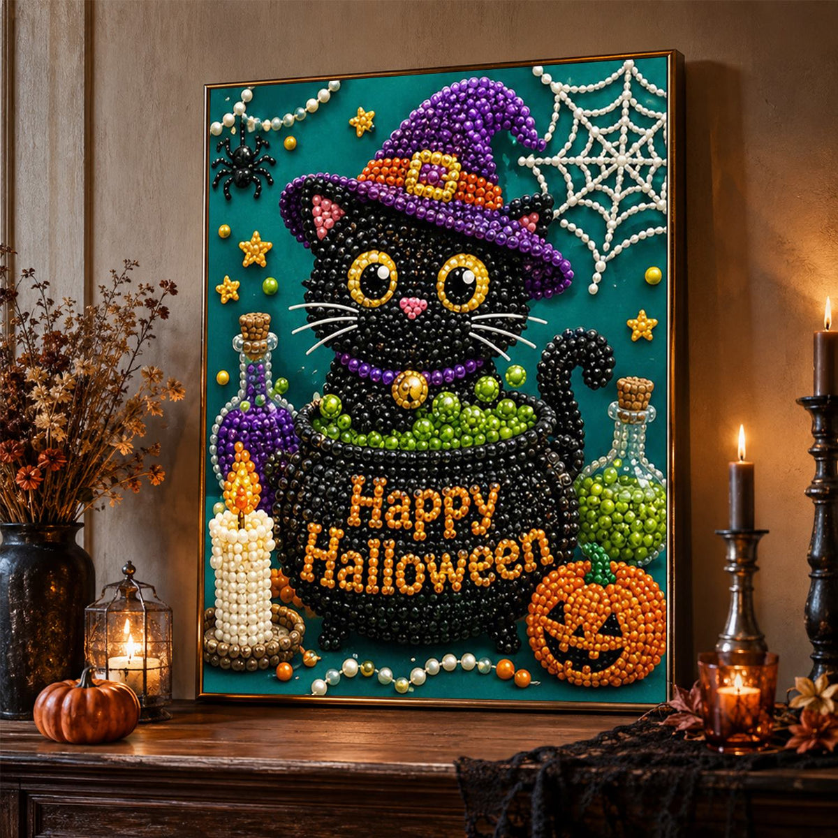 Black Cat Peeking From a Cauldron pearl painting – image 2