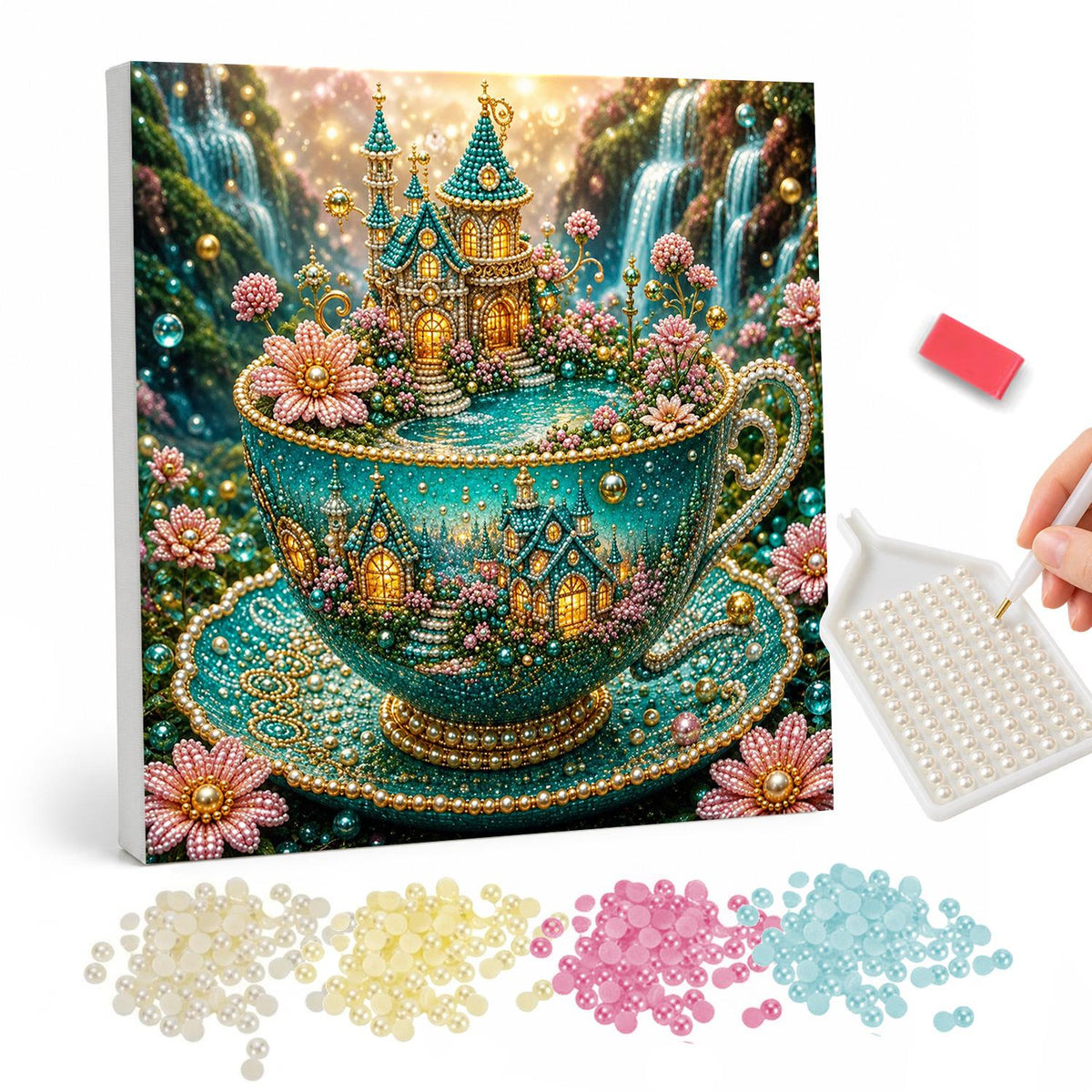 Fairy Castle in a Teacup pearl painting – Teal jeweled teacup holding a tiny castle village, with waterfalls and pink flowers around