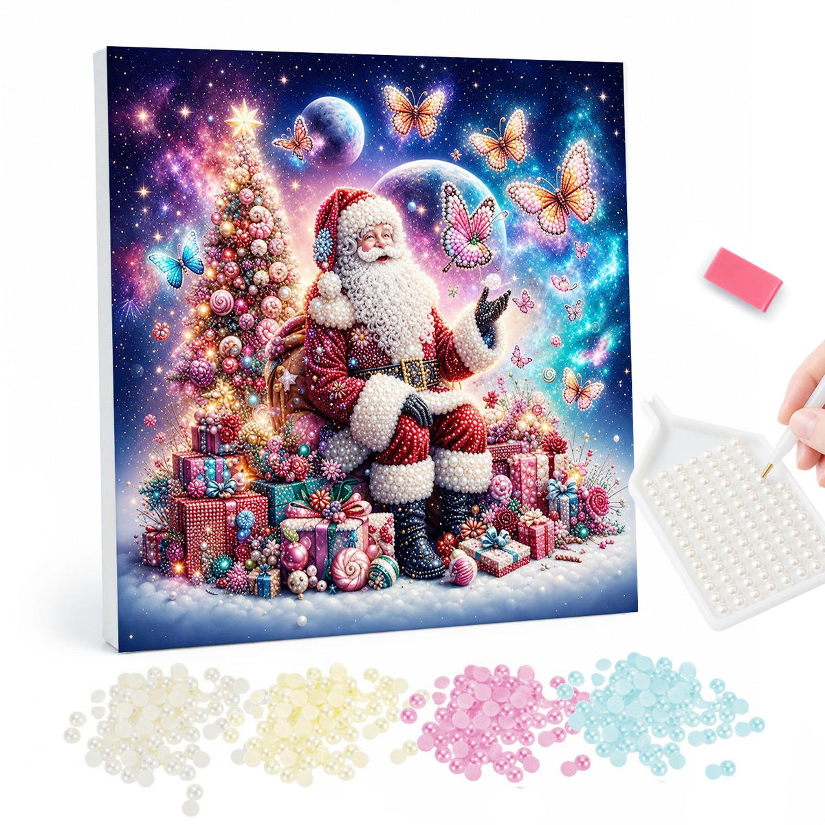 Santa and the Pink Butterflies pearl painting – Santa seated among pink and teal gifts beside a glowing tree as butterflies swirl in a pink starry sky