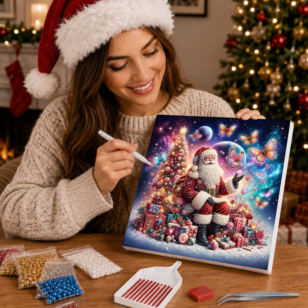 Santa and the Pink Butterflies pearl painting – image 16