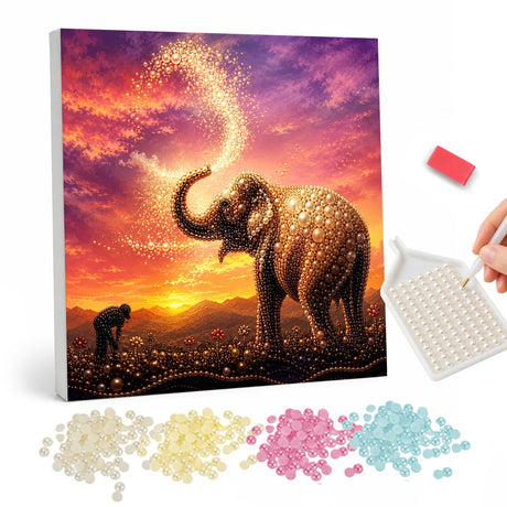 Elephant's Stardust Fountain pearl painting – Elephant raising its trunk to spray a glittering stream against a purple and orange sunset, a small figure nearby