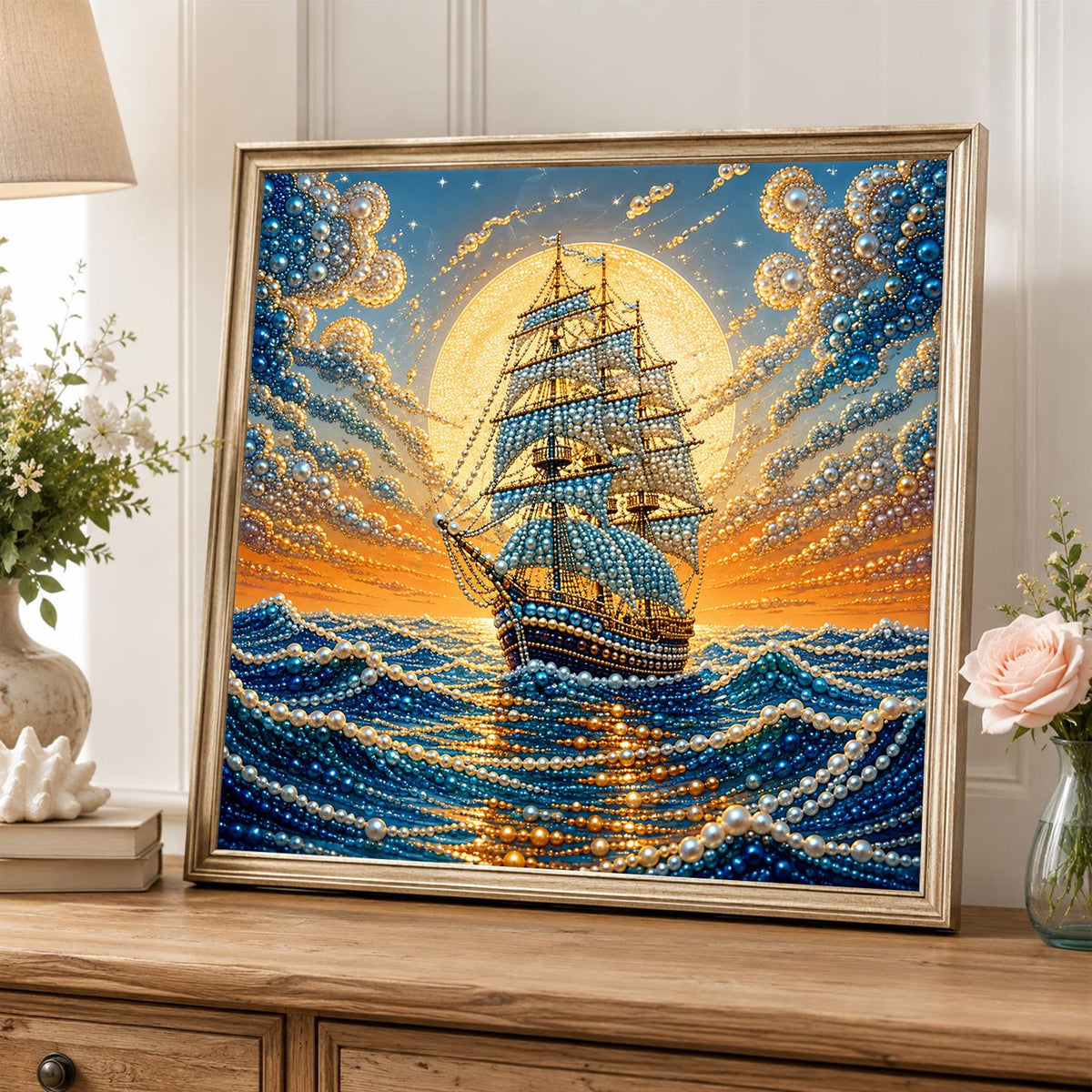 Galleon Riding Golden Waves pearl painting – image 5