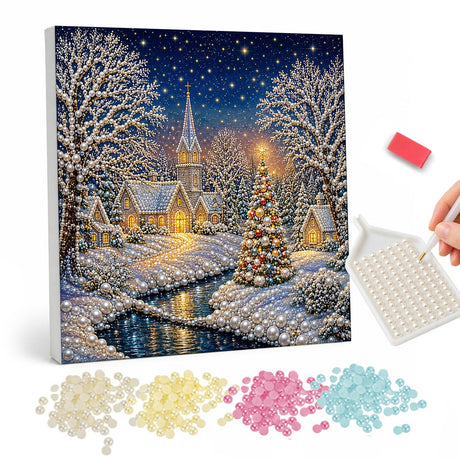 Glowing Tree in a Snowy Hamlet pearl painting – Snowy village at night with a church spire, a lit Christmas tree, frosted trees and a winding stream