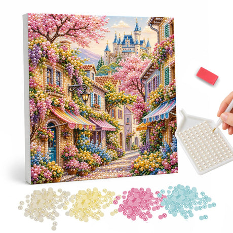 Pearl Painting of a Fairytale Castle and Blossom Village pearl painting – image 1