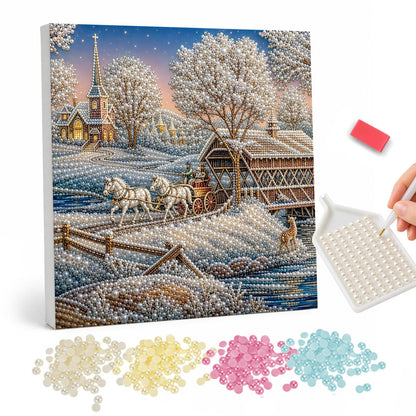 Sleigh Ride by the Covered Bridge pearl painting – Two white horses pulling a sleigh past a covered bridge and church in a frosted winter village