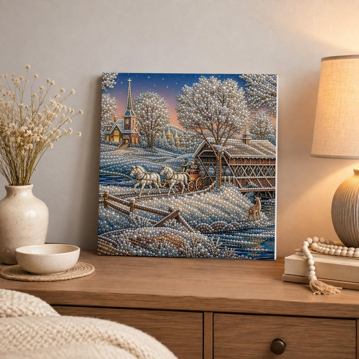Sleigh Ride by the Covered Bridge pearl painting – image 3
