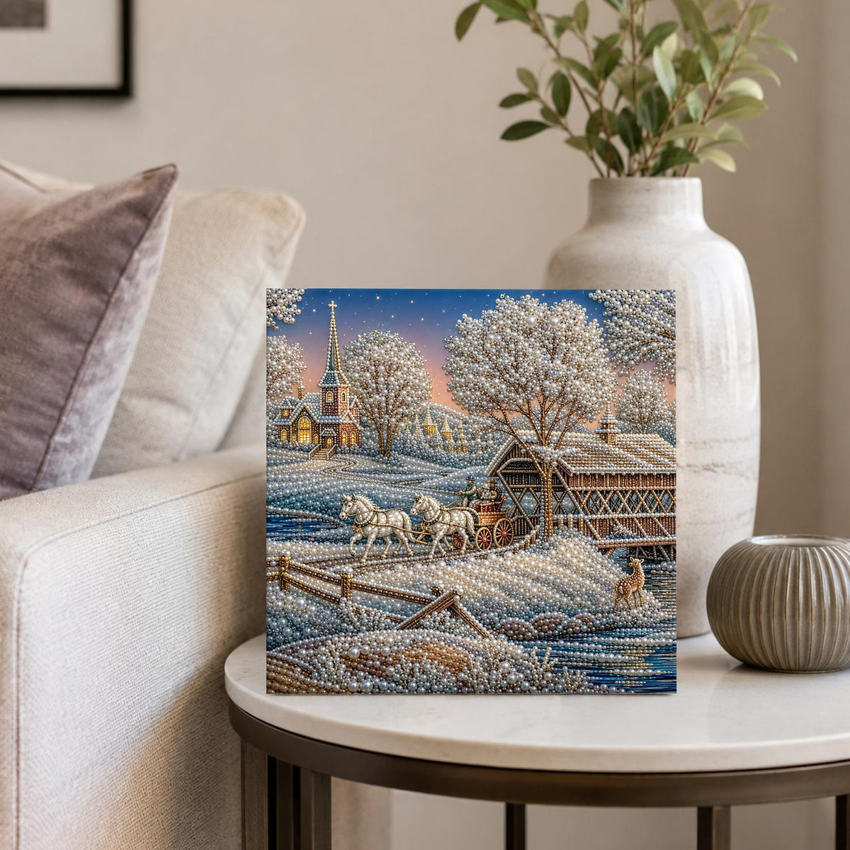 Sleigh Ride by the Covered Bridge pearl painting – image 4