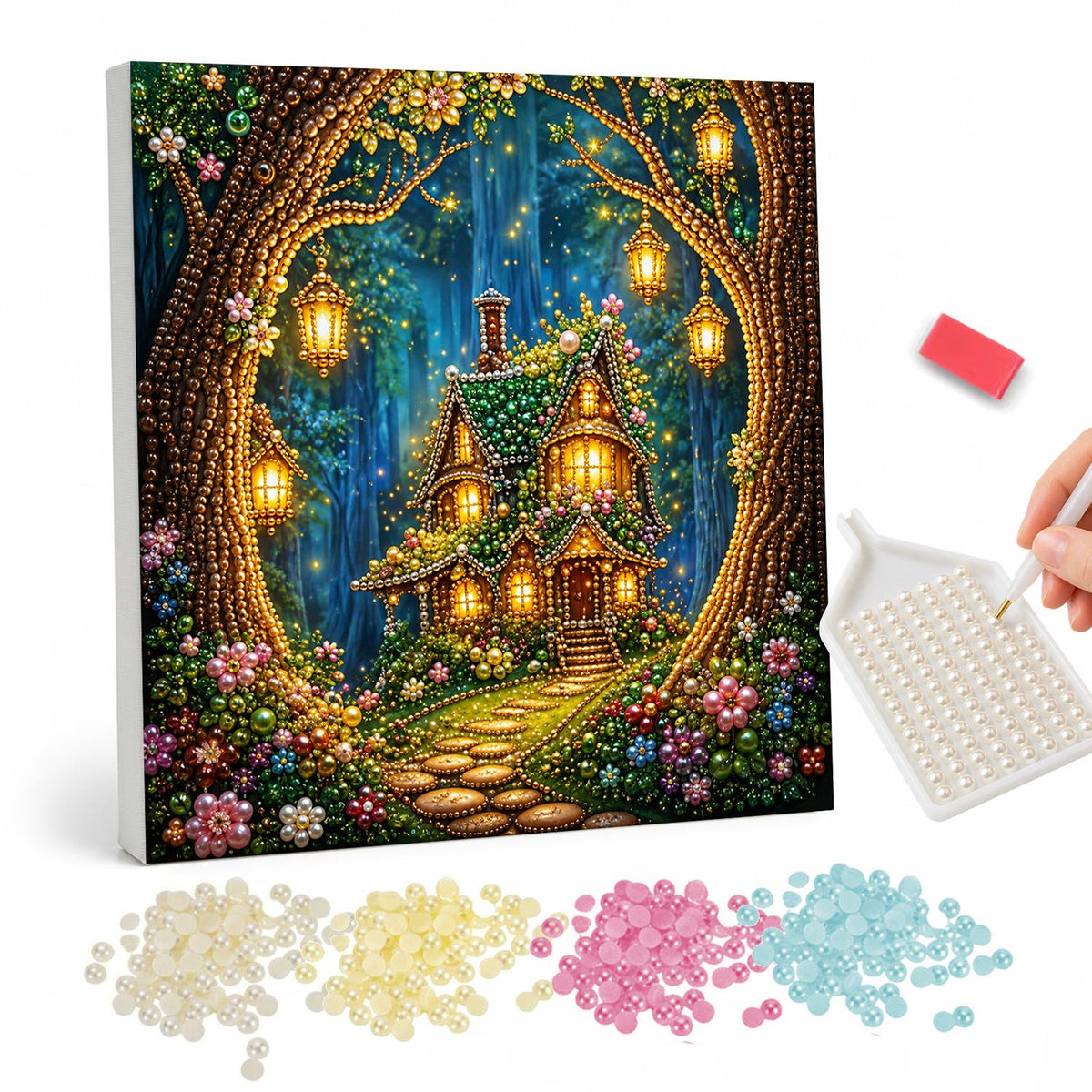 Lantern-Hung Tree Hollow Cottage pearl painting – Glowing cottage seen through an arch of tree trunks hung with lanterns, flowers along a stone path
