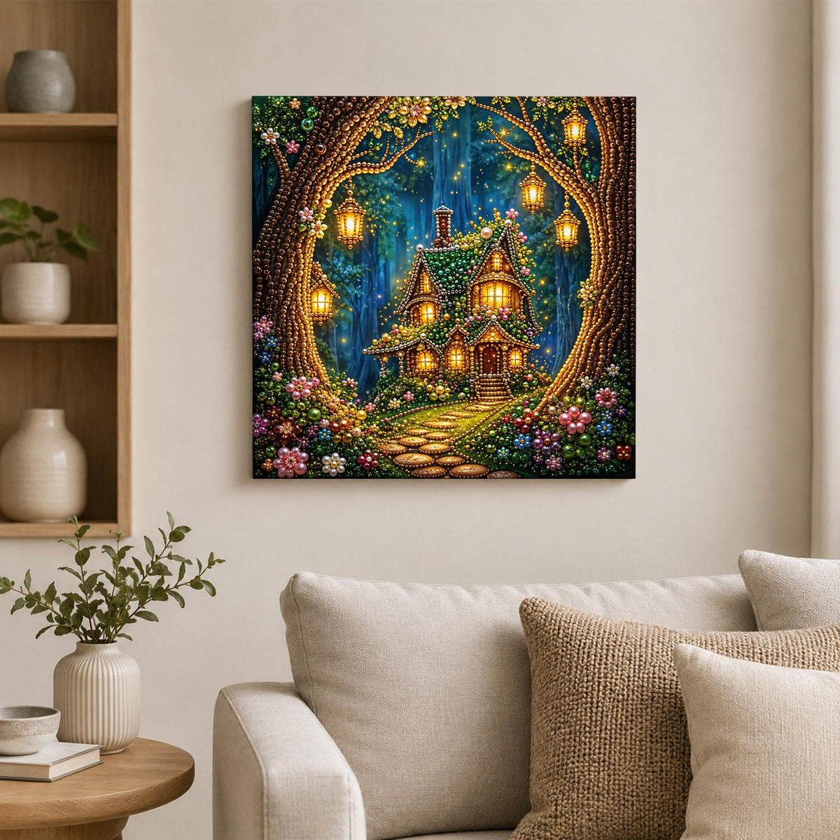 Lantern-Hung Tree Hollow Cottage pearl painting – image 2