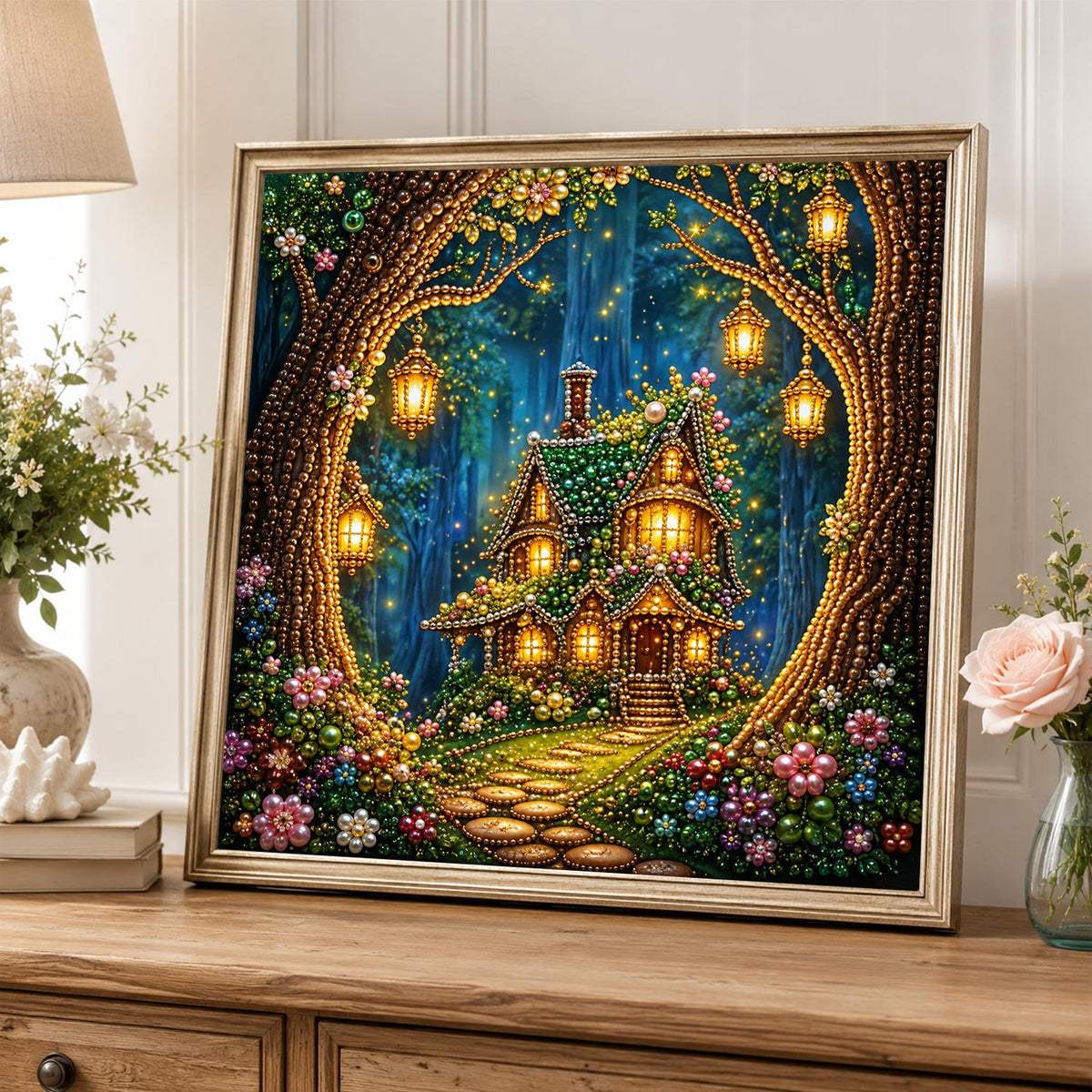 Lantern-Hung Tree Hollow Cottage pearl painting – image 5