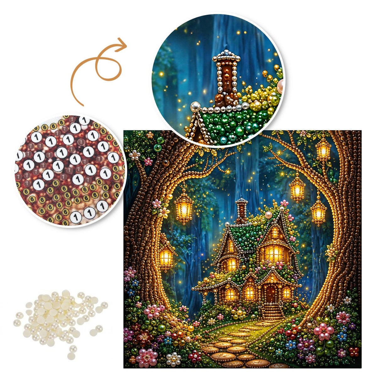 Lantern-Hung Tree Hollow Cottage pearl painting – image 6