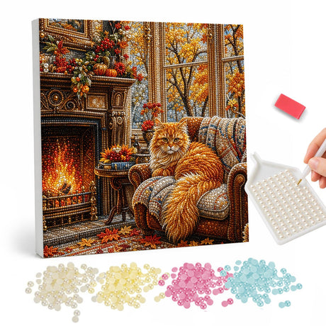 Ginger Cat's Fireside Nap pearl painting – Fluffy ginger cat curled on an armchair beside a crackling fireplace with autumn leaves outside