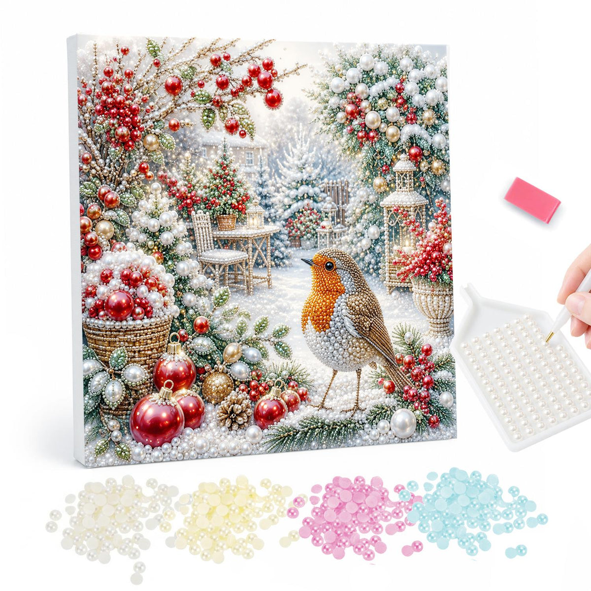 Robin Among Red Baubles pearl painting – Robin on snowy ground among red baubles, berries and frosted greenery in a white winter garden