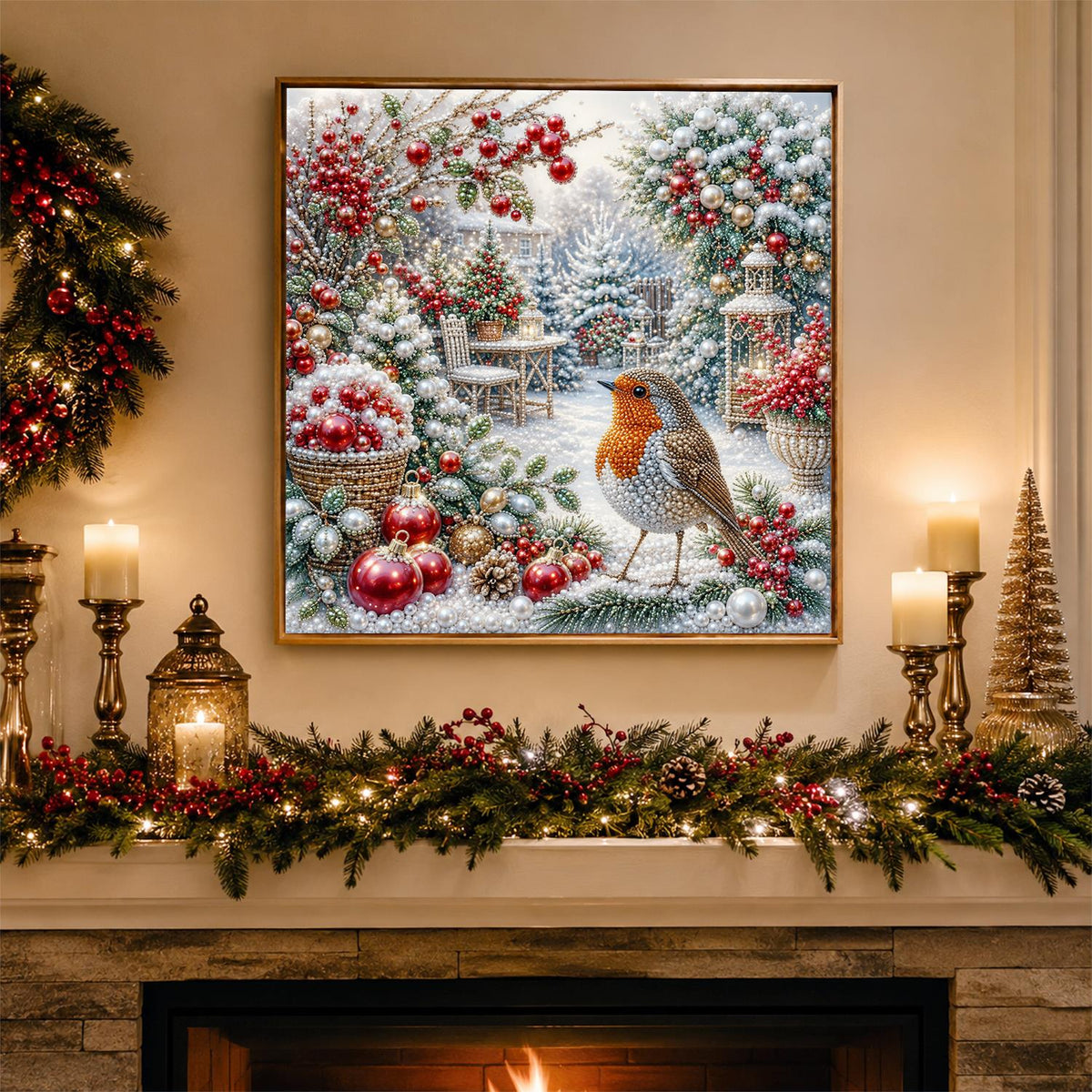 Robin Among Red Baubles pearl painting – image 3