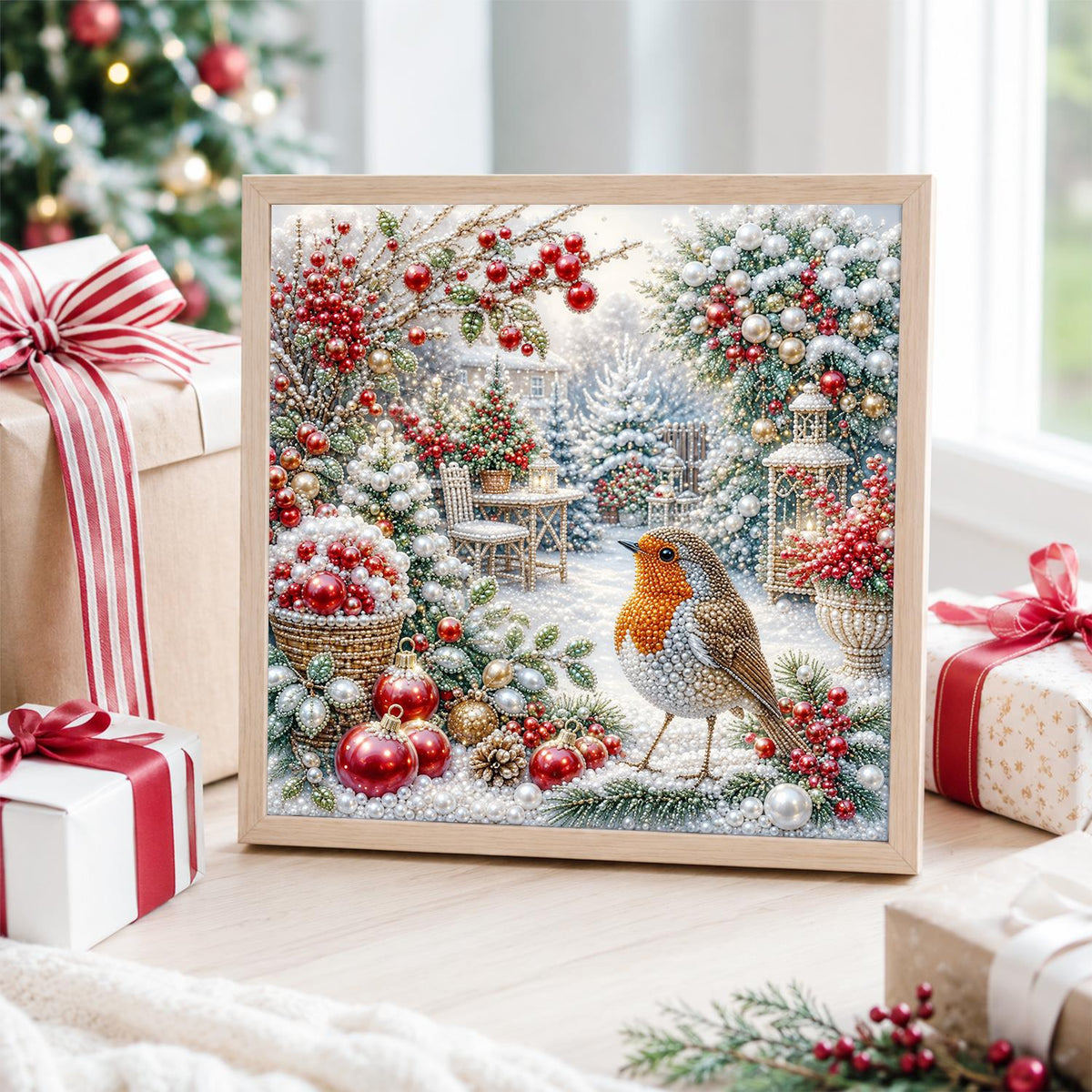 Robin Among Red Baubles pearl painting – image 4