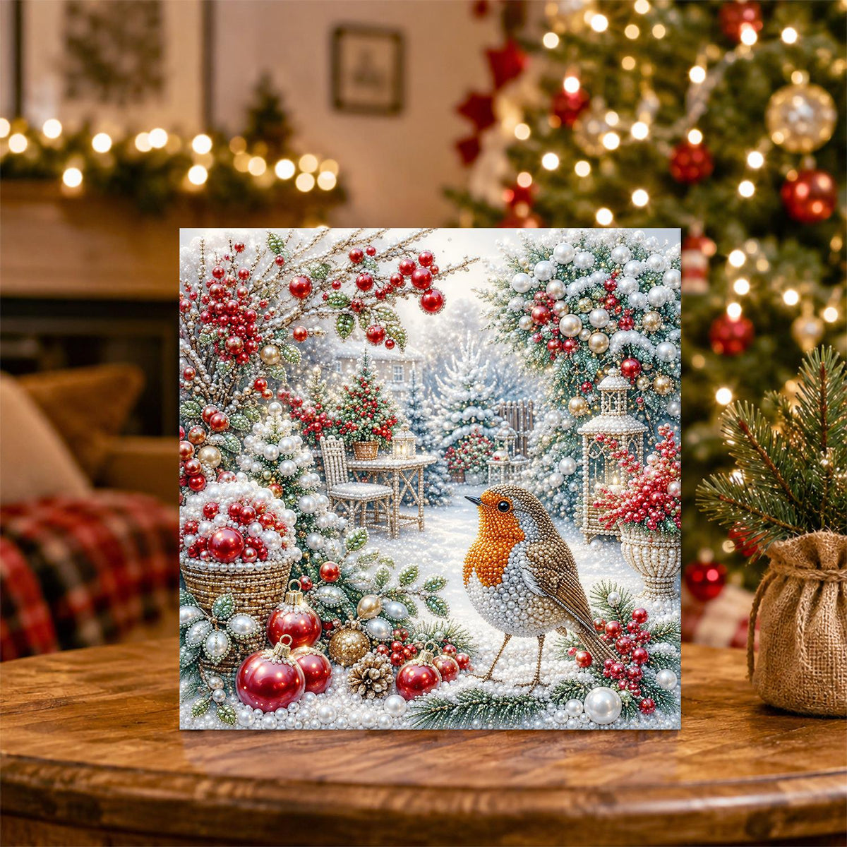 Robin Among Red Baubles pearl painting – image 5