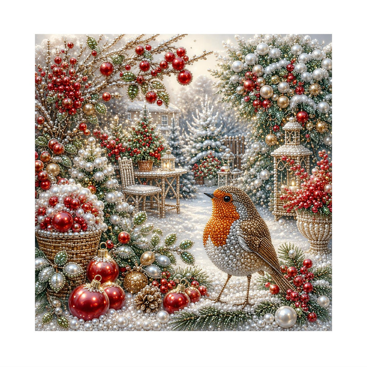 Robin Among Red Baubles pearl painting – image 11