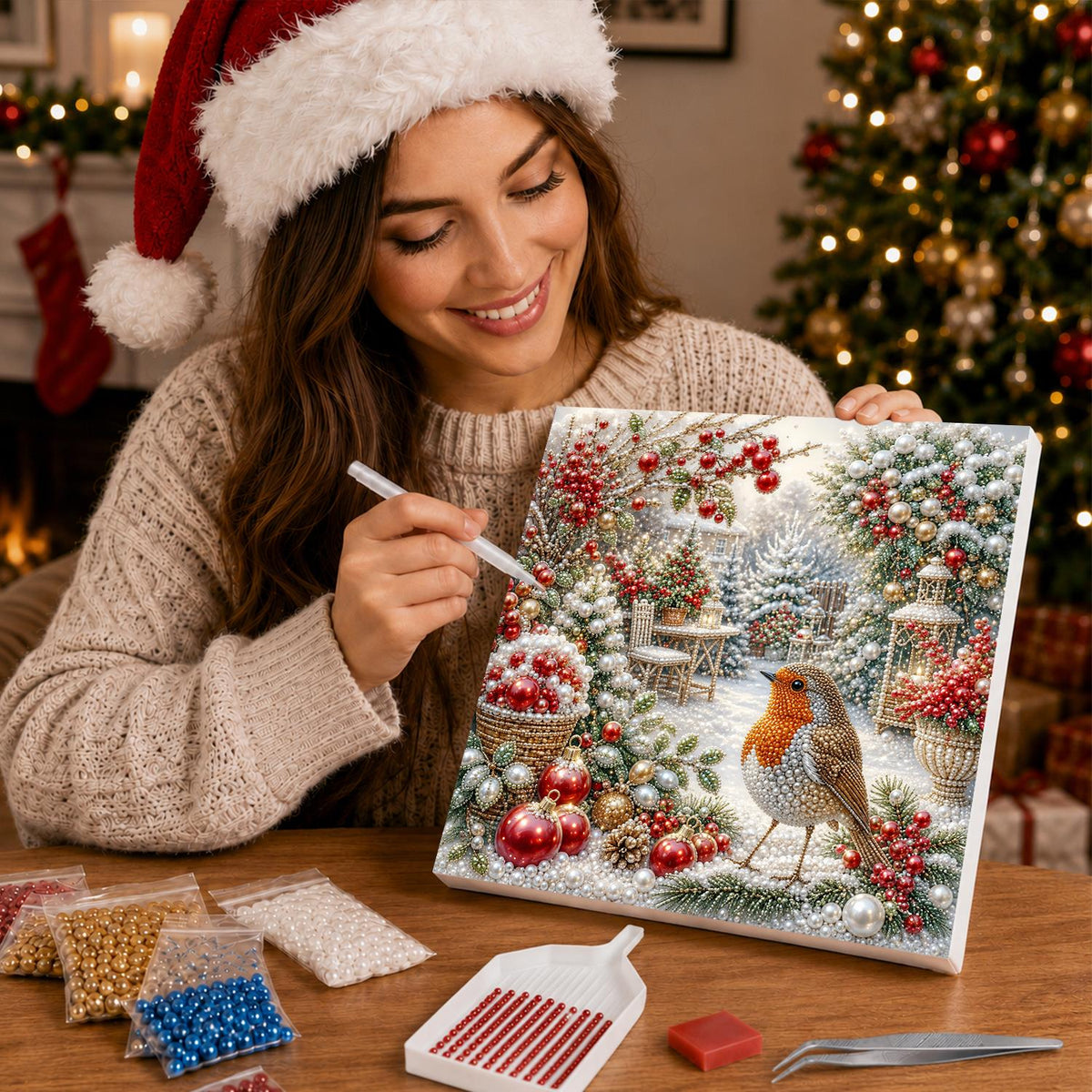 Robin Among Red Baubles pearl painting – image 16