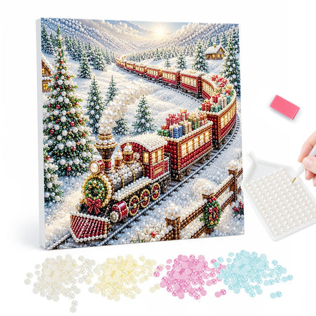 Pearl Christmas Train Through a Snowy Village pearl painting – image 1