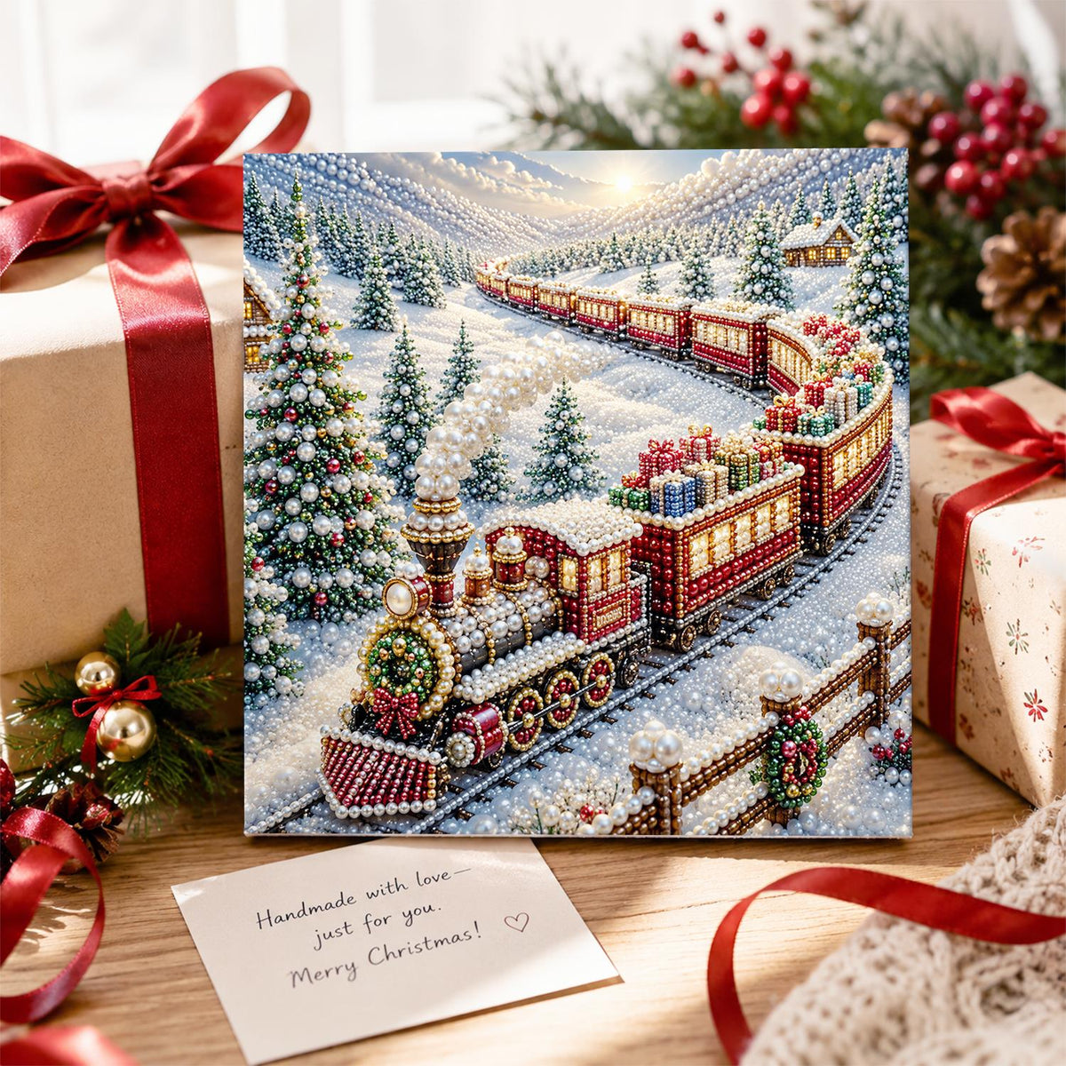 Red Steam Train in the Snow pearl painting – image 2