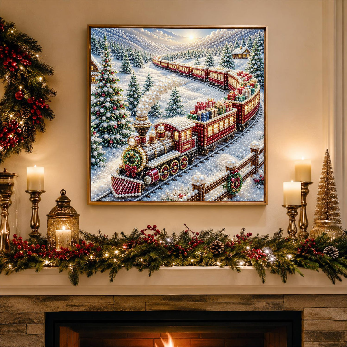 Red Steam Train in the Snow pearl painting – image 3
