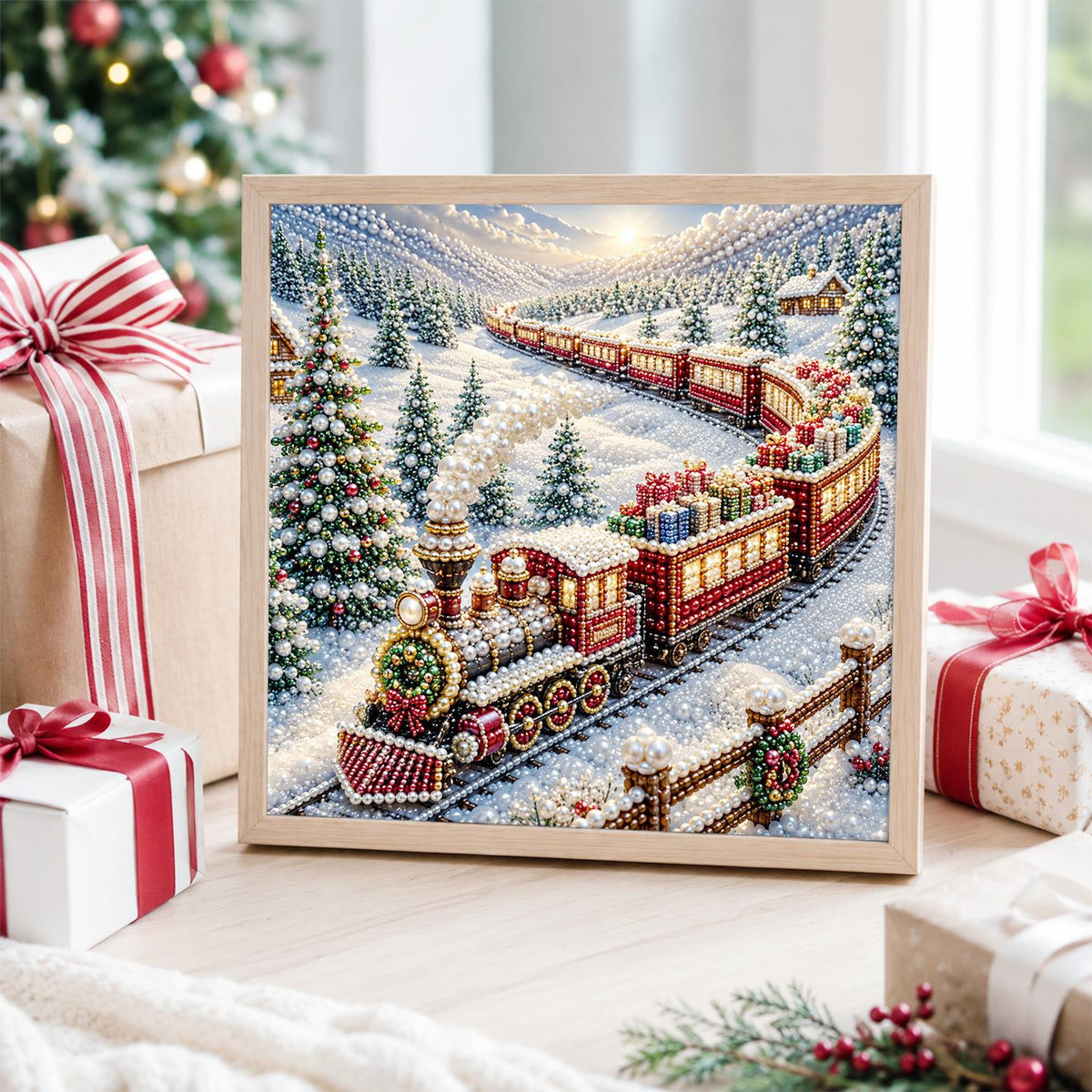 Red Steam Train in the Snow pearl painting – image 4