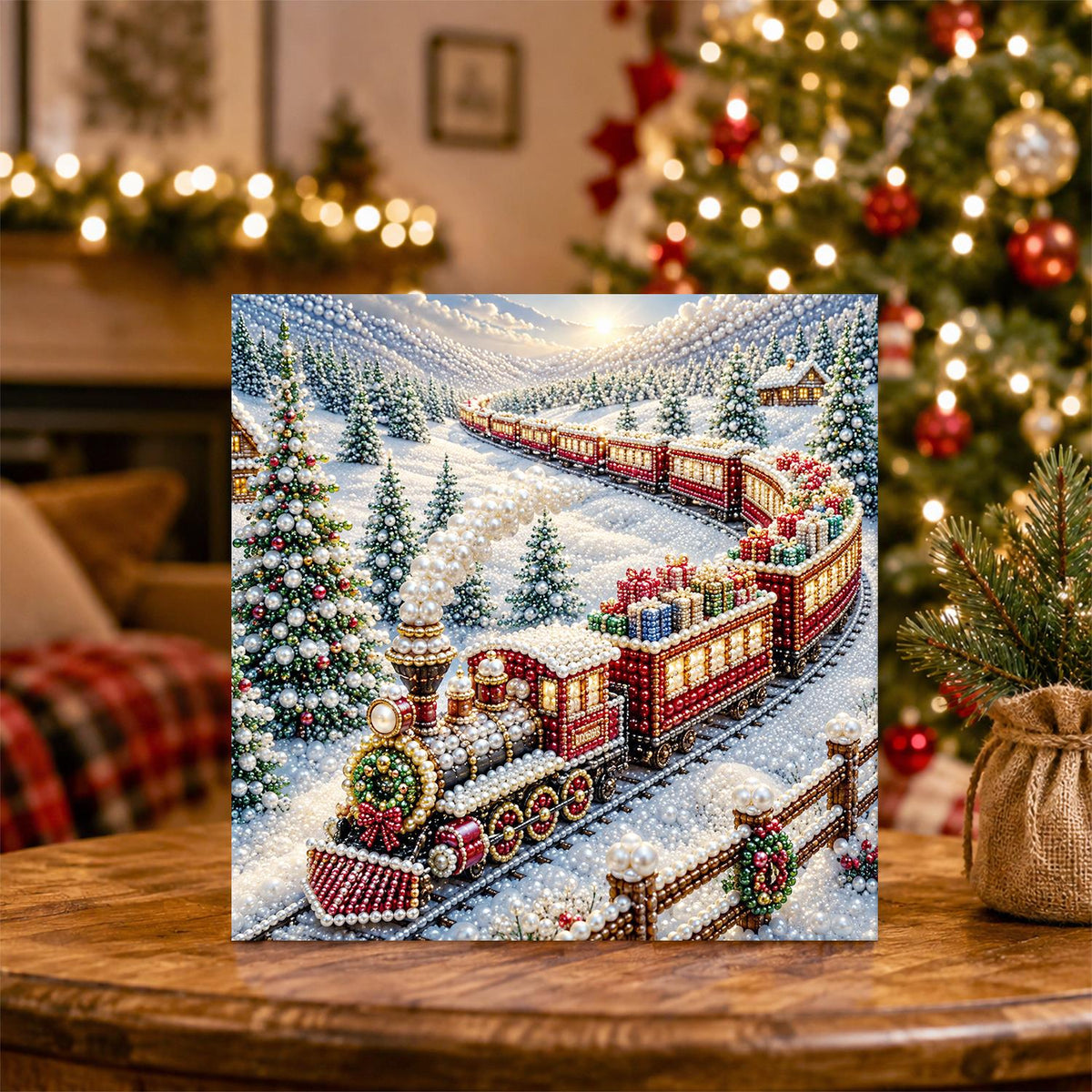 Red Steam Train in the Snow pearl painting – image 5