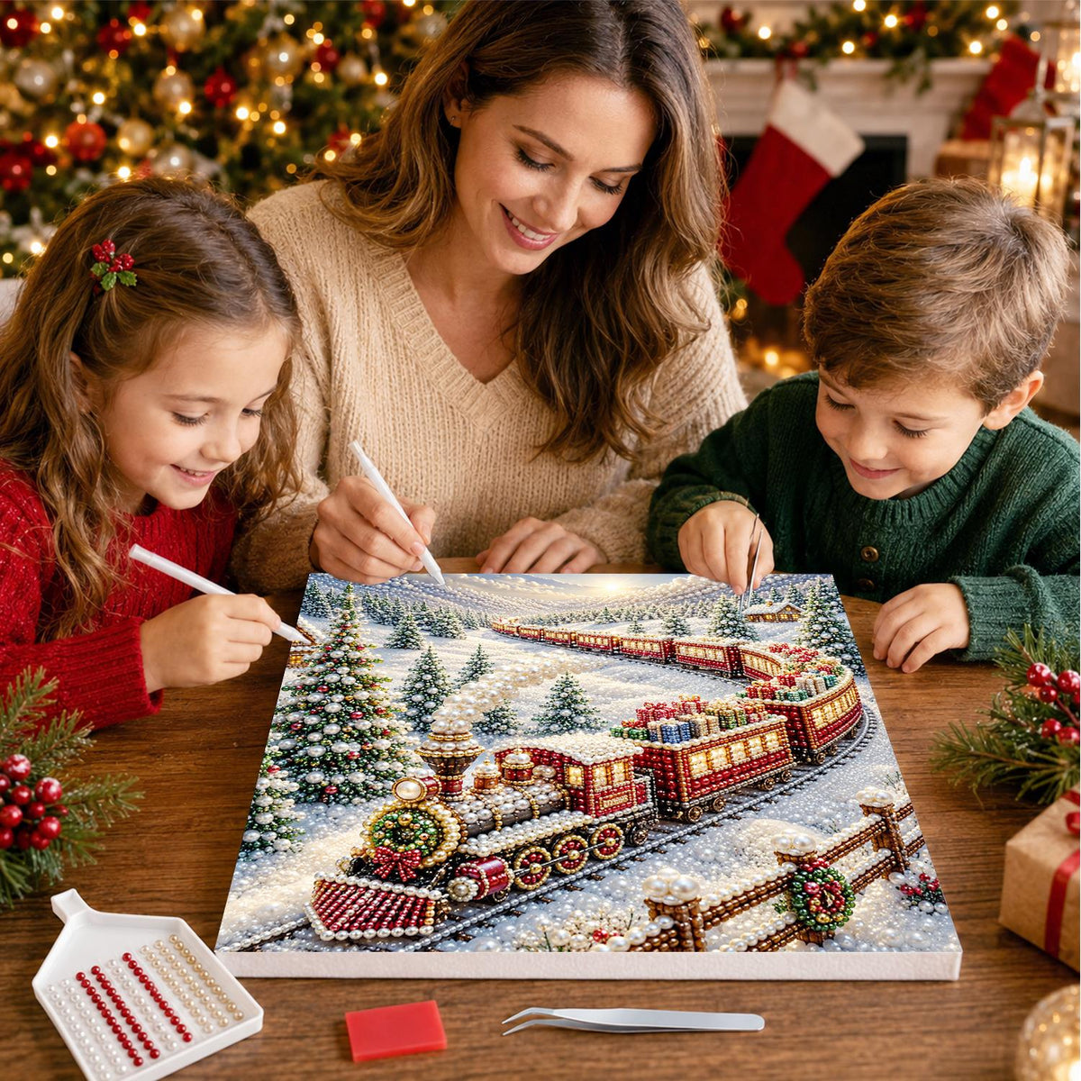 Red Steam Train in the Snow pearl painting – image 15