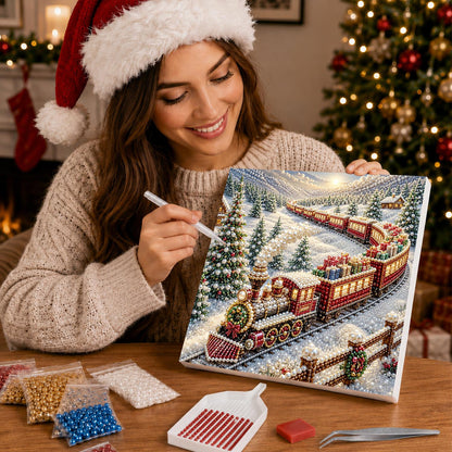 Red Steam Train in the Snow pearl painting – image 16